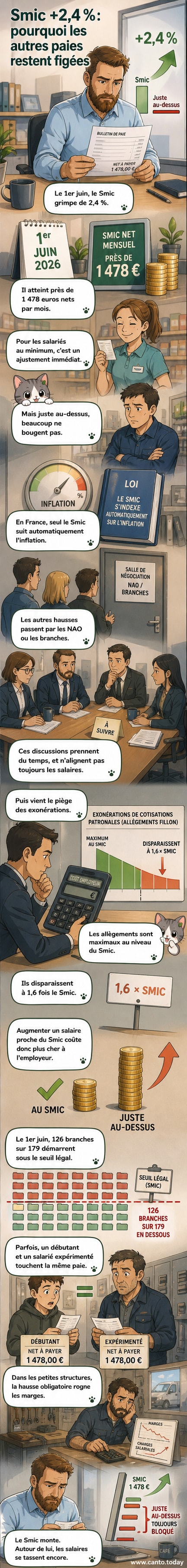 Illustration d'un salarié au Smic qui grimpe sur une échelle, tandis que d'autres restent en dessous, bloqués par des chaînes marquées « exonérations » et « grilles bloquées ».