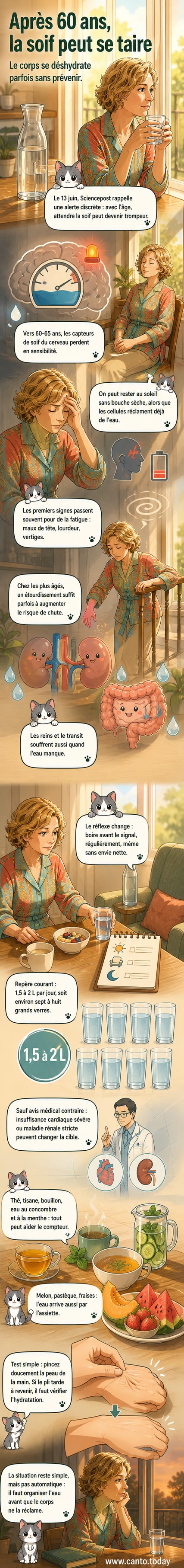 Illustration d'une personne âgée tenant un verre d'eau, avec un cerveau stylisé montrant des capteurs de soif désactivés, entourée de fruits et de plantes pour évoquer l'hydratation.