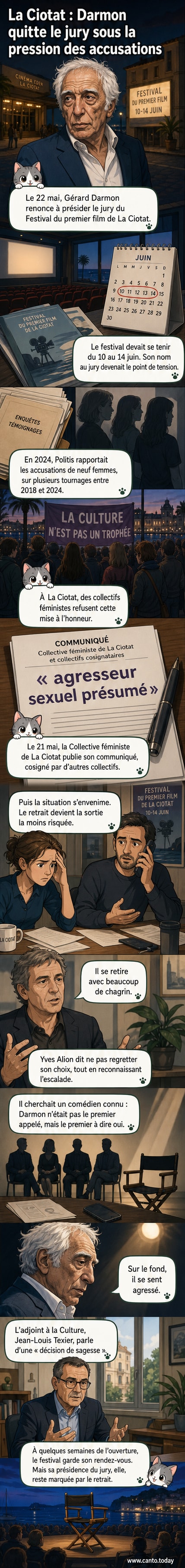 Affiche du festival avec le visage de Gérard Darmon barré d'une croix rouge, entouré de silhouettes de manifestantes.