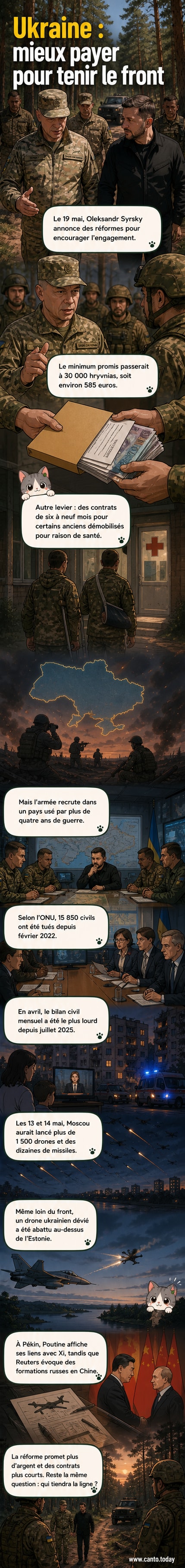 Illustration d’un soldat ukrainien en uniforme, entouré de symboles représentant une augmentation de salaire et un contrat renouvelable, avec en arrière-plan un paysage de front marqué par des explosions lointaines.