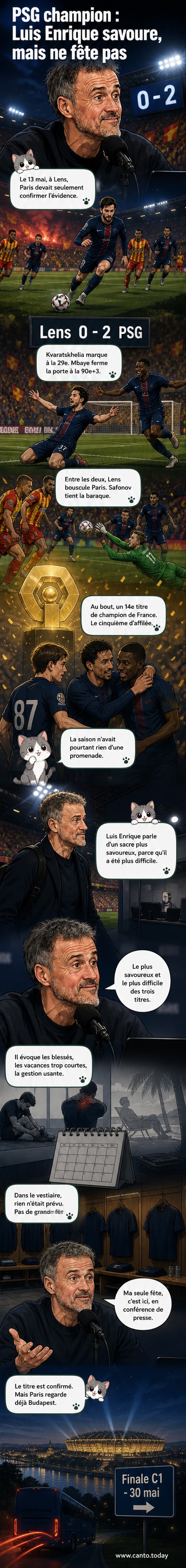 Joueurs du PSG fêtant une victoire sur le terrain de Lens, sous une pluie légère, avec des drapeaux flottant dans les gradins.