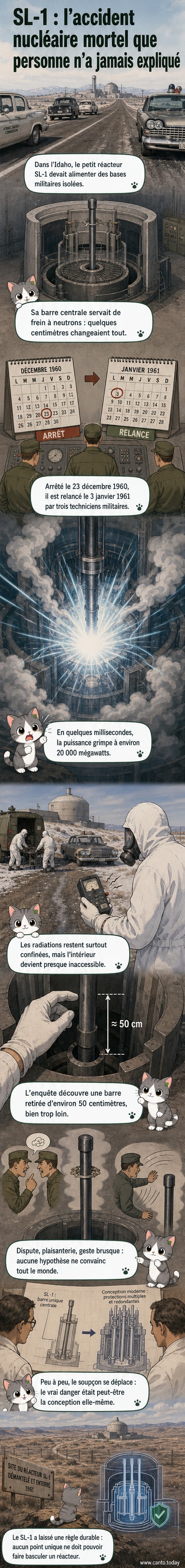 Représentation stylisée d'une explosion dans un réacteur nucléaire des années 1960, avec trois techniciens en combinaison, entourés de vapeur et de lumière intense.