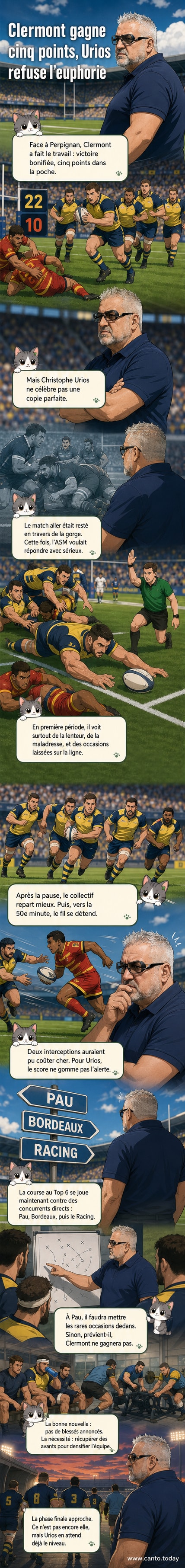 Christophe Urios, entraîneur de Clermont, observant le terrain avec un air préoccupé après un match du Top 14.