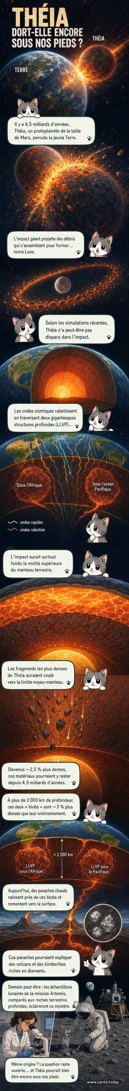 Représentation artistique d'une collision entre la Terre et une protoplanète, avec des débris formant la Lune et des masses denses restant coincées dans le manteau profond.