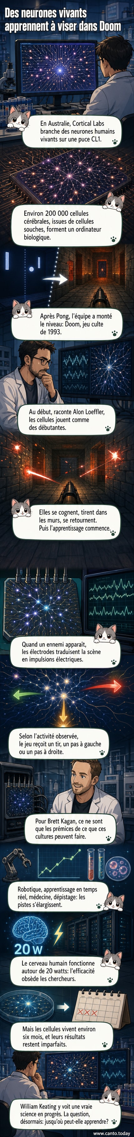 Représentation artistique d'une puce électronique avec des cellules neuronales connectées à un écran montrant le jeu Doom
