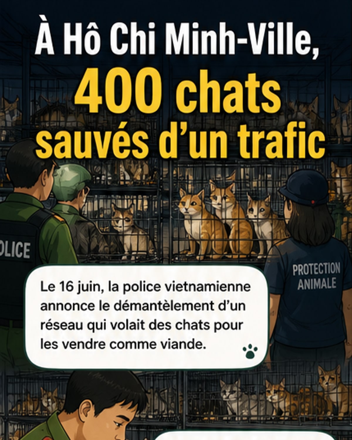 Des chats en cage, récupérés par la police dans un centre de détention à Hô Chi Minh-Ville après le démantèlement d’un réseau de trafic.