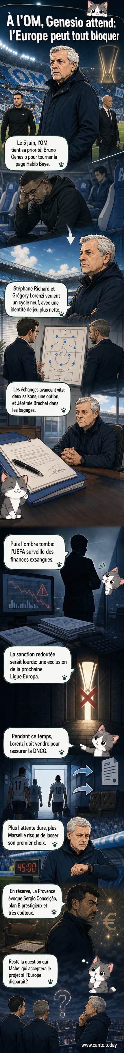 Illustration d'un banc d'entraîneur avec les silhouettes de Bruno Genesio et Sergio Conceição, entourées de symboles financiers et sportifs représentant l'OM.