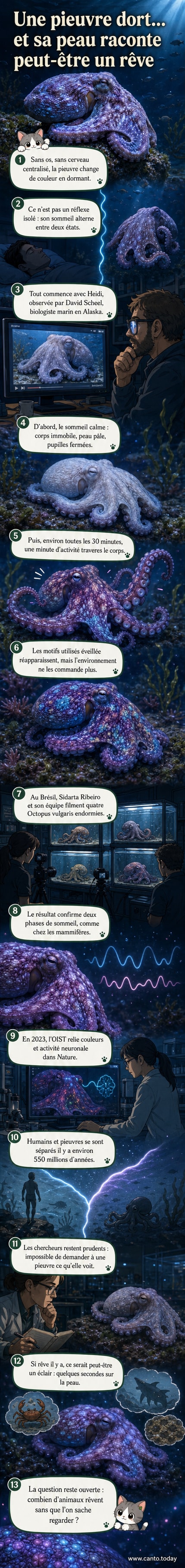 Une pieuvre change de couleur pendant son sommeil, passant de tons pâles à des motifs vifs et complexes, filmée dans un aquarium sous observation scientifique.