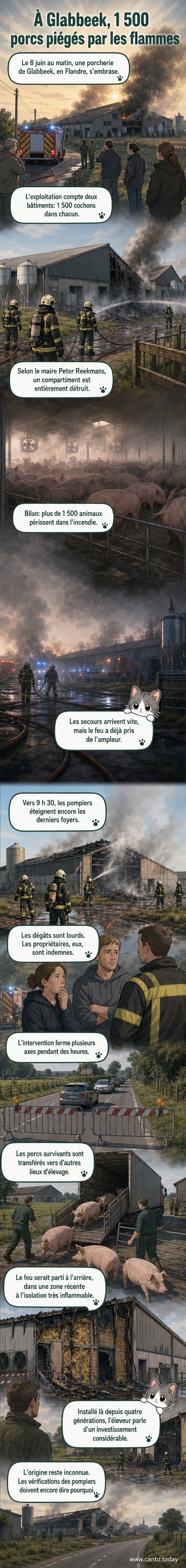 Porcherie partiellement détruite par les flammes en Belgique, avec des pompiers sur place et des bâtiments fumants en arrière-plan.