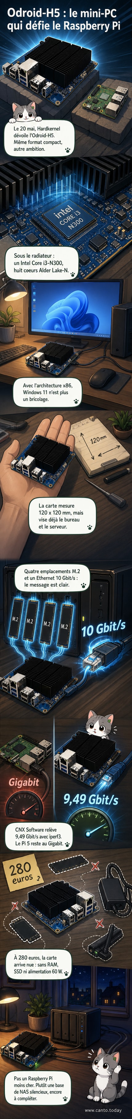 Carte électronique Odroid-H5 avec processeur Intel, port Ethernet 10 Gbit/s et emplacements M.2 visibles, posée sur fond noir.