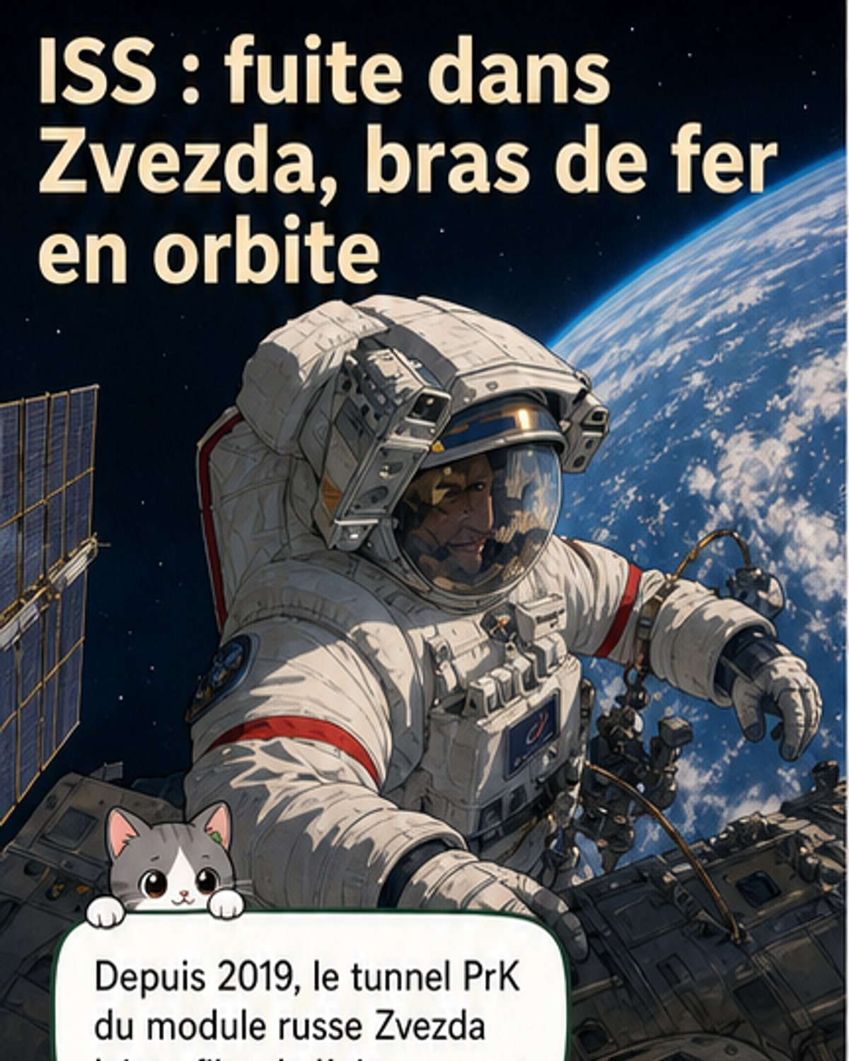 Vue d'artiste du module Zvezda de l'ISS en orbite, avec une zone rouge indiquant la fuite d'air dans le tunnel de transfert PrK à l'arrière du module.