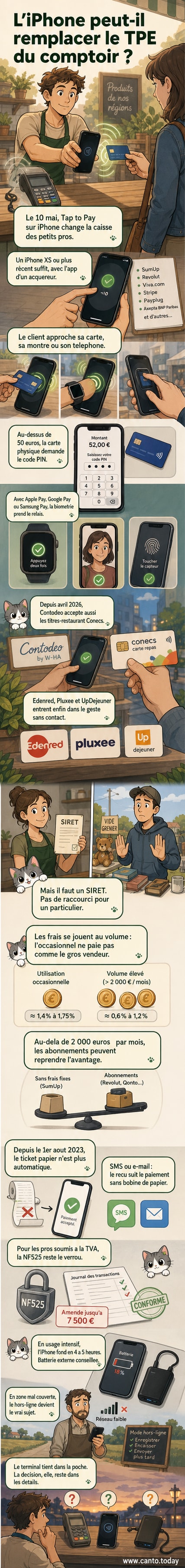 Un iPhone affiche l'interface d'un paiement sans contact en cours, avec la mention 'Paiement accepté' et un logo CB visible.