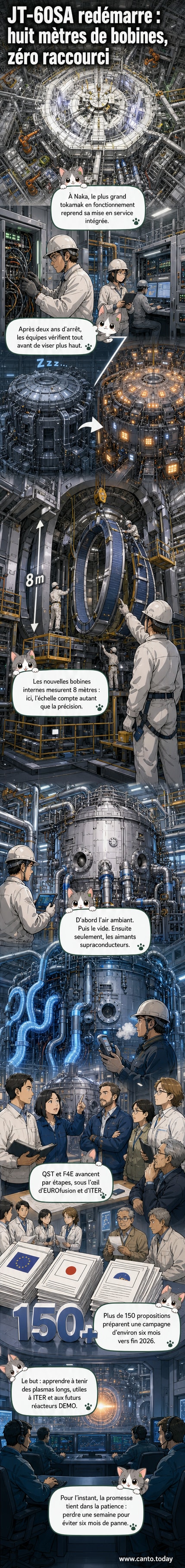 Vue d'artiste d'un tokamak avec des bobines géantes illuminées en bleu, entouré d'ingénieurs en combinaison dans une salle de contrôle au Japon.