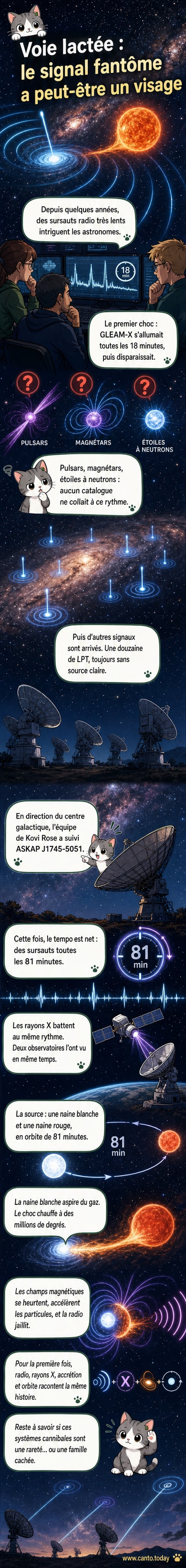 Illustration artistique d'un système binaire composé d'une naine blanche et d'une naine rouge, reliées par un flux de matière lumineux, avec des émissions radio et X représentées en ondes concentriques.