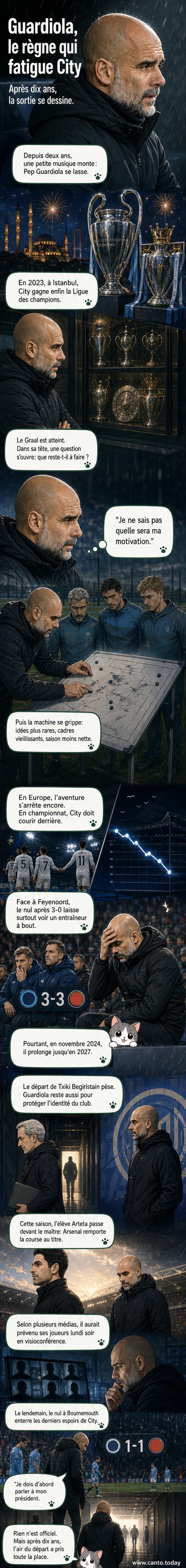 Illustration d'un Pep Guardiola en costume d'entraîneur, debout sur le terrain de l'Etihad Stadium, regardant au loin, avec des trophées derrière lui et une ombre de doute sur son visage.
