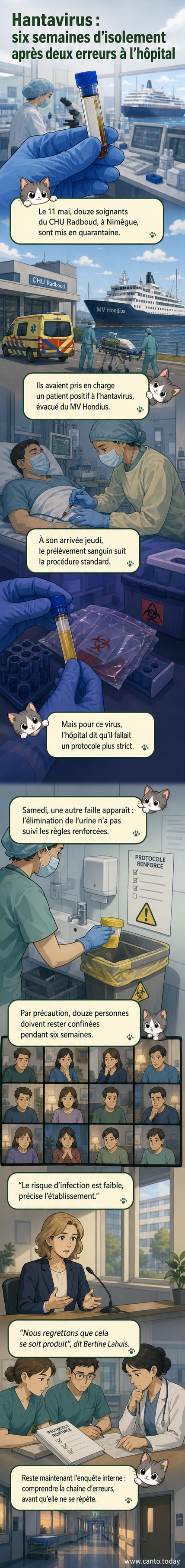 Illustration d'un hôpital néerlandais avec du personnel médical en tenue de protection, entouré de panneaux signalant une quarantaine après une erreur de procédure liée à un cas d'hantavirus.