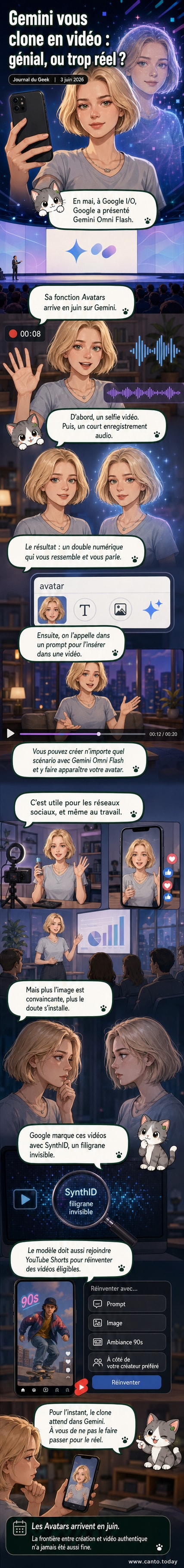 Illustration d’un écran montrant une personne face à son double numérique en vidéo, avec l’interface de Google Gemini en arrière-plan.