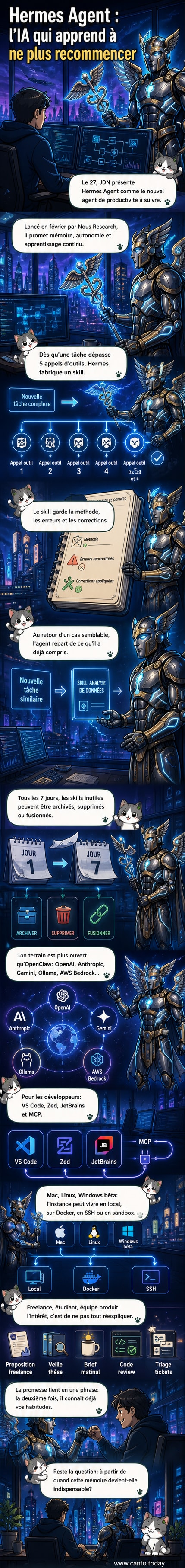 Interface schématique d'Hermes Agent montrant un flux d'interaction où l'IA crée un nouveau 'skill' après avoir accompli une tâche complexe, avec des icônes représentant la mémoire, l'apprentissage et l'autonomie.