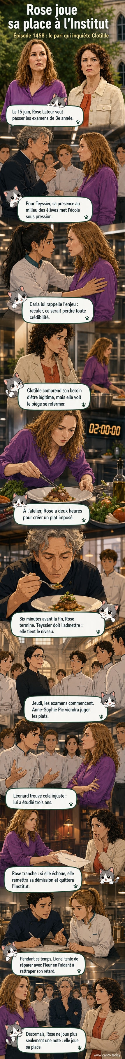 Rose (Vanessa Demouy) en uniforme de cuisine, déterminée, entourée de Teyssier et Clotilde dans la salle de l'institut, avec un plat fumant sur le comptoir.