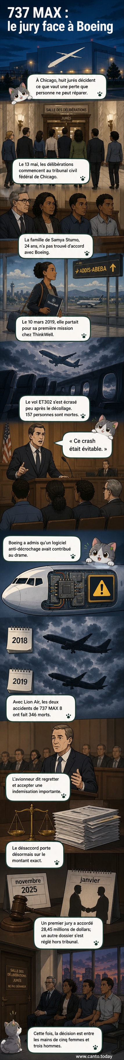 Illustration d'un avion Boeing 737 MAX en vol, avec un jury en arrière-plan symbolisant le procès en cours à Chicago.
