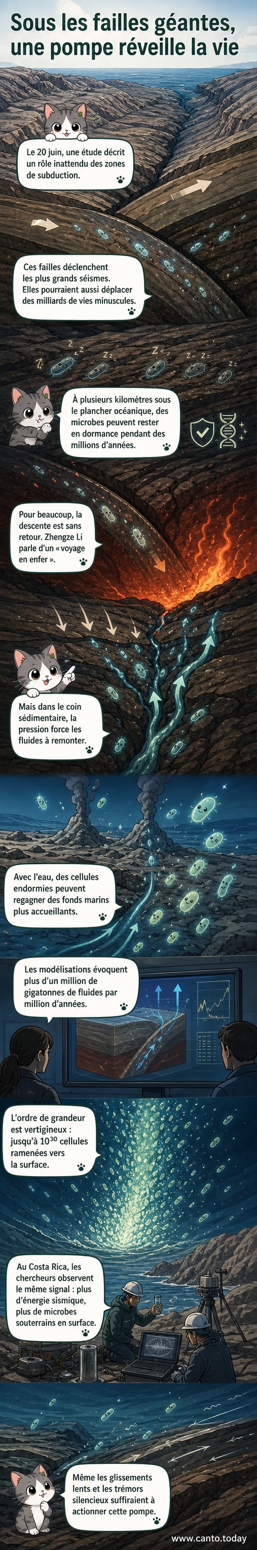 Illustration d’un ascenseur géologique remontant des microbes des profondeurs océaniques vers la surface à travers une faille sismique.