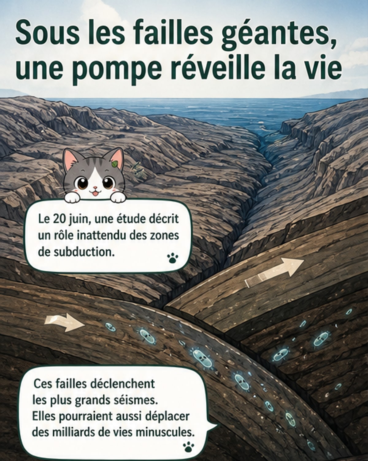 Illustration d’un ascenseur géologique remontant des microbes des profondeurs océaniques vers la surface à travers une faille sismique.
