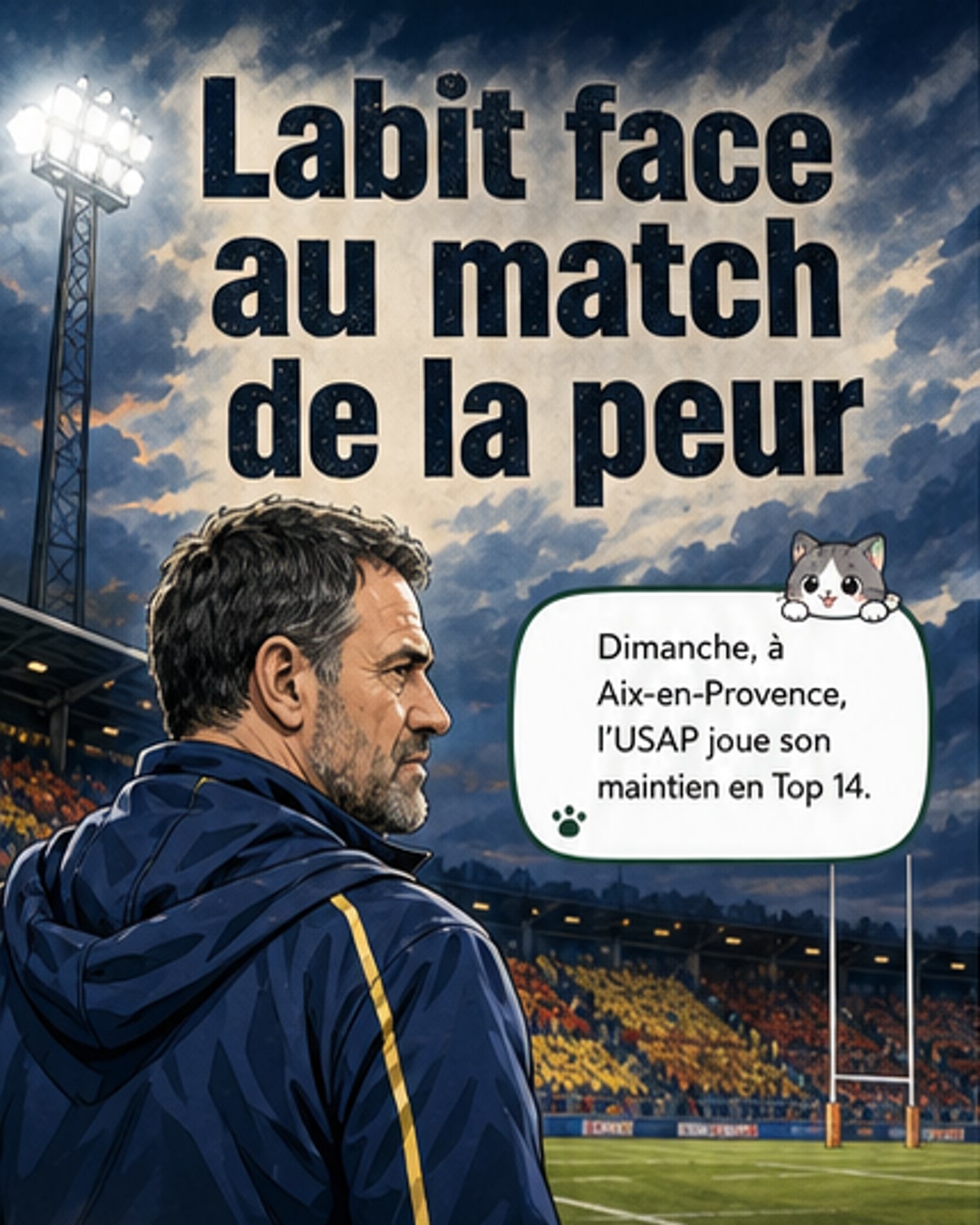 Un homme en costume, Laurent Labit, debout sur le bord du terrain, regarde intensément le jeu, entouré de joueurs en tenue de rugby, sous un stade plein et tendu.