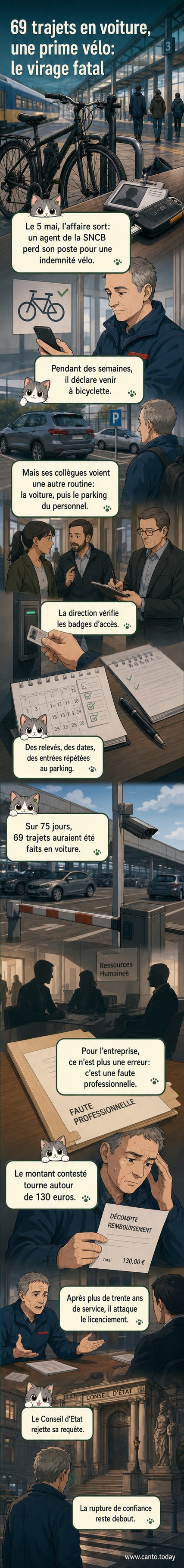 Un homme en uniforme de cheminot regarde un vélo plié dans un bureau, pendant que son badge d'accès affiche une entrée en voiture sur un parking réservé.