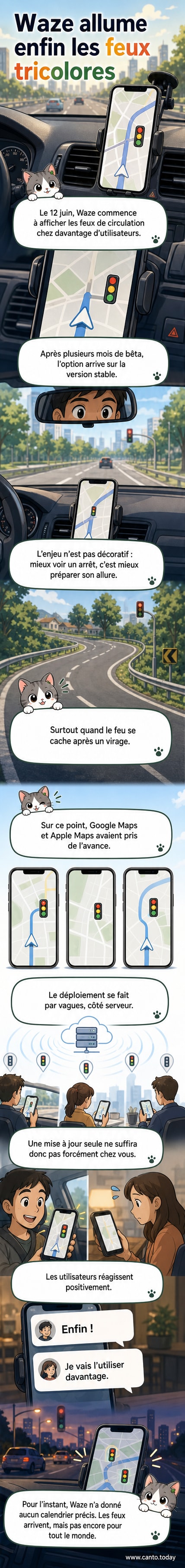 Capture d'écran de l'application Waze montrant un feu tricolore sur la carte routière.