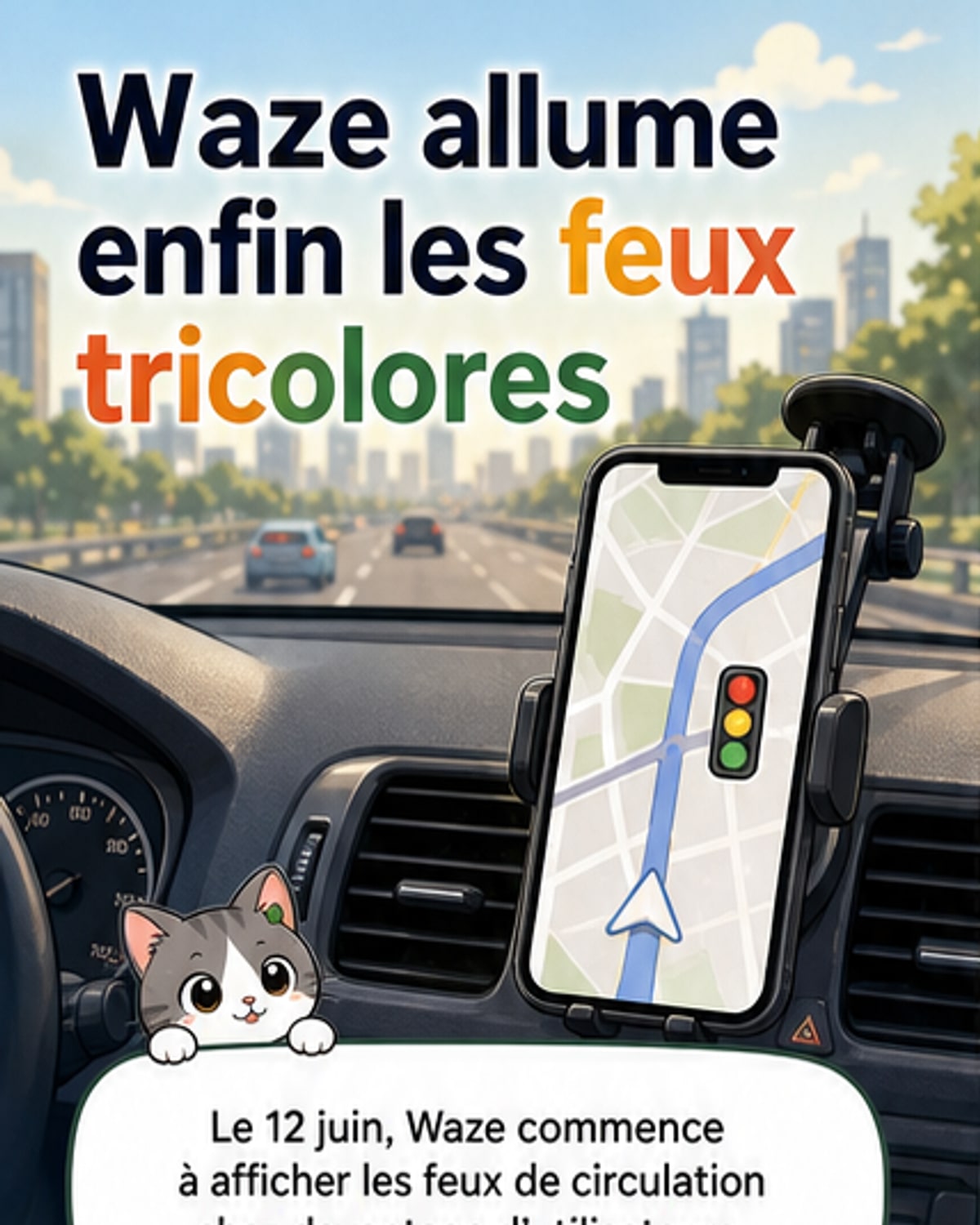 Capture d'écran de l'application Waze montrant un feu tricolore sur la carte routière.