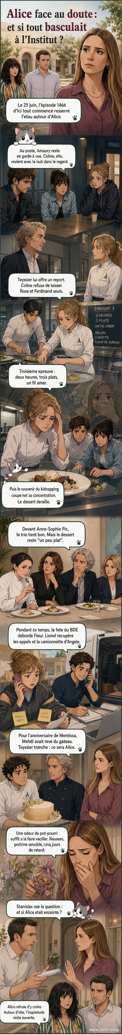 Alice (Noémie Zeitoun) semble malade, entourée de Stanislas et Angèle dans la cuisine de l'institut Auguste Armand, avec un test de grossesse posé sur la table.