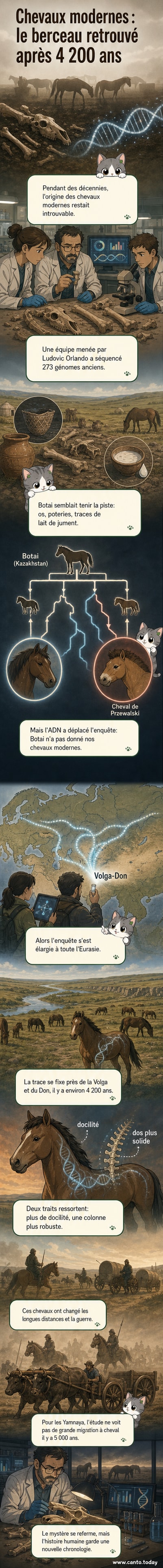 Illustration d’un cheval ancien au galop dans les steppes russes, avec des silhouettes de chercheurs analysant des ossements et une carte génétique en arrière-plan.