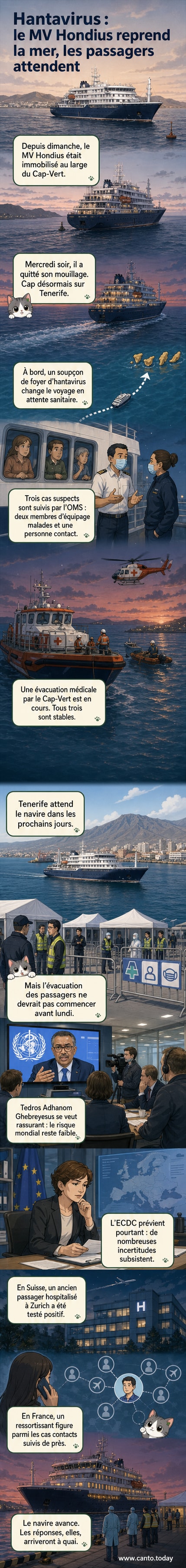 Illustration d'un navire de croisière en mer, entouré d'icônes médicales symbolisant une alerte sanitaire, avec des silhouettes de passagers et du personnel médical en arrière-plan.