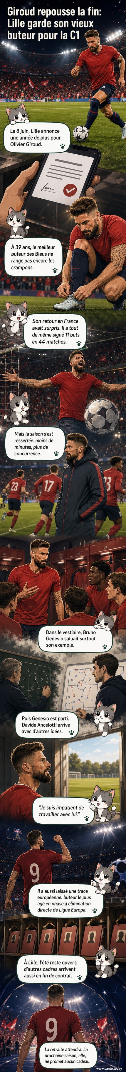 Olivier Giroud en tenue du LOSC Lille, levant les bras sous les applaudissements du public au stade Pierre-Mauroy.