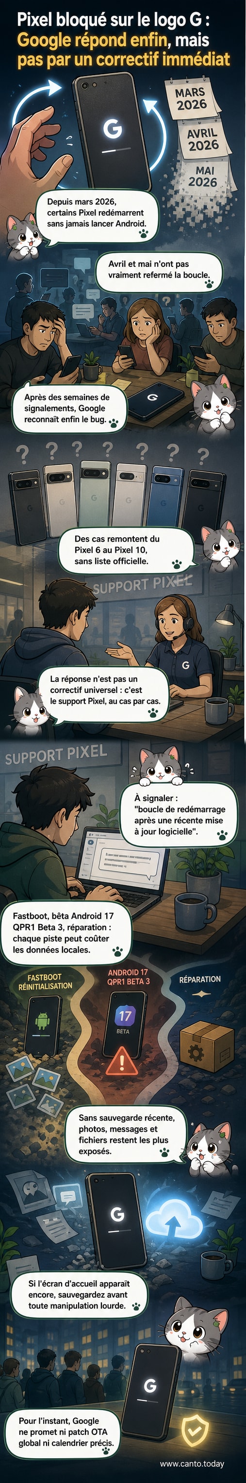 Un smartphone Google Pixel affiche le logo G à l'écran, bloqué dans une boucle de redémarrage, avec un message d'erreur en arrière-plan.