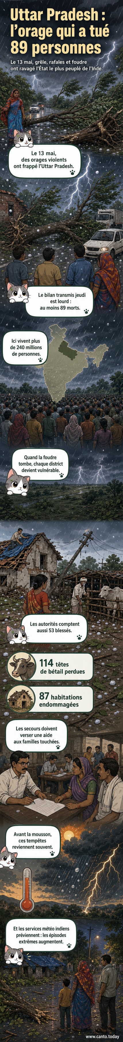 Illustration d'une tempête violente avec grêle, éclairs et vents dévastateurs frappant des villages en Inde, toits arrachés et arbres abattus.