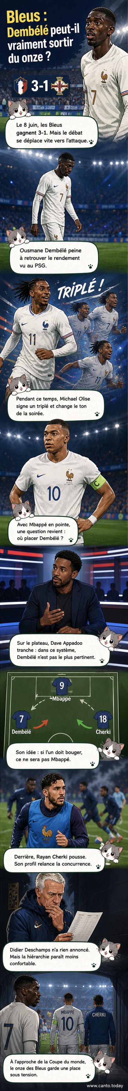 Illustration stylisée d'Ousmane Dembélé et Rayan Cherki face à face, entourés d'éléments du maillot de l'équipe de France et d'un ballon de foot, symbolisant la concurrence pour une place en sélection.