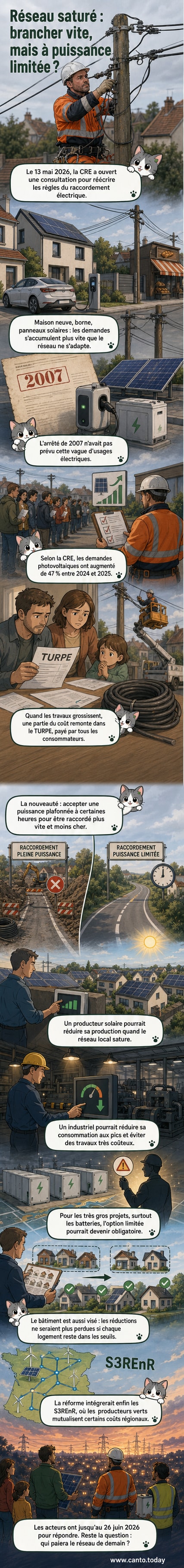 Illustration d’un réseau électrique saturé avec des panneaux solaires, des bornes de recharge et des lignes électriques surchargées, accompagnée d’un pictogramme montrant un raccordement avec limite de puissance.