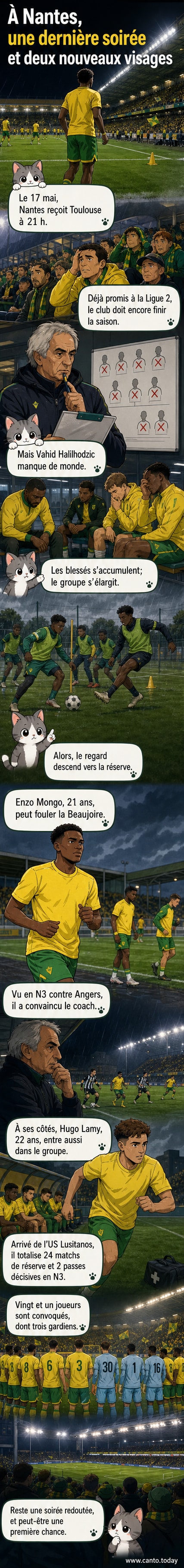 Illustration d'un stade de football vu depuis les tribunes, avec deux jeunes joueurs en tenue du FC Nantes s'entraînant sur la pelouse sous un ciel nuageux.