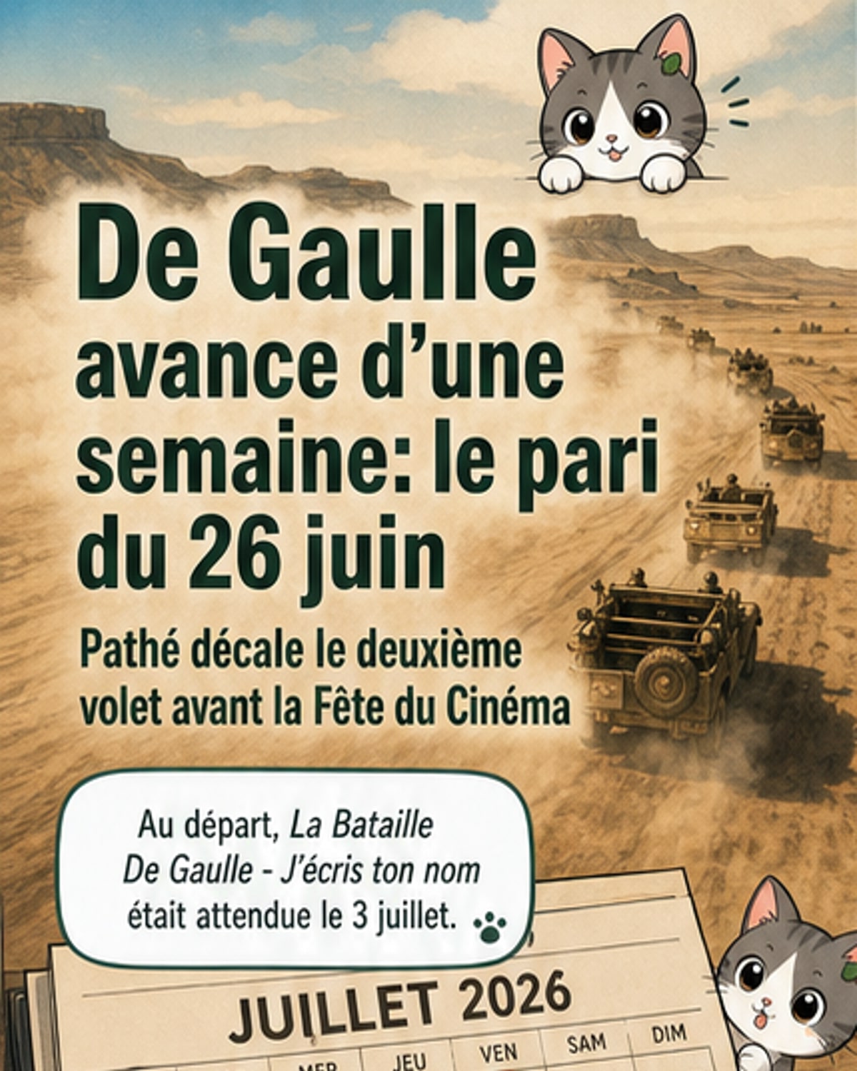 Affiche du film 'La Bataille De Gaulle' avec un acteur incarnant le général De Gaulle, entouré de soldats et de drapeaux tricolores.