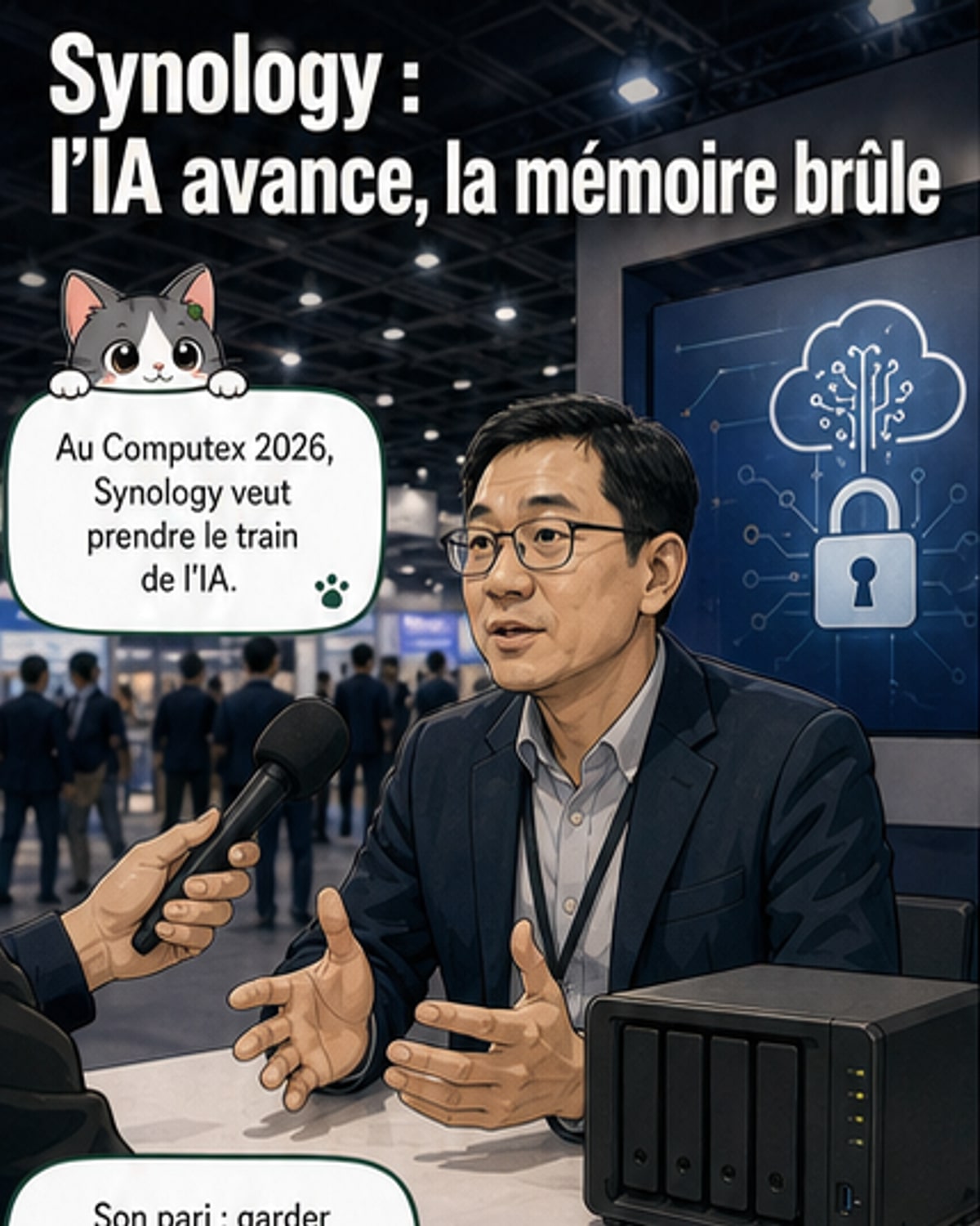 Illustration d'un NAS Synology entouré de puces mémoire et de disques durs, avec des flèches indiquant une hausse de prix et un retour arrière sur une politique controversée.