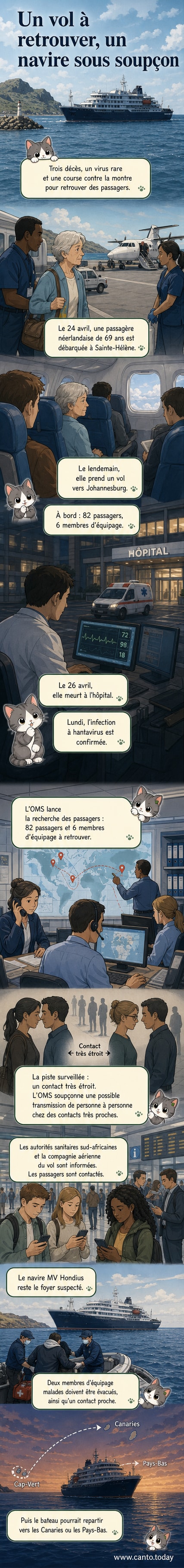 Illustration d'un avion et d'un bateau de croisière entourés de symboles médicaux rouges, avec une carte montrant les trajets entre Sainte-Hélène, le Cap-Vert et l'Afrique du Sud.