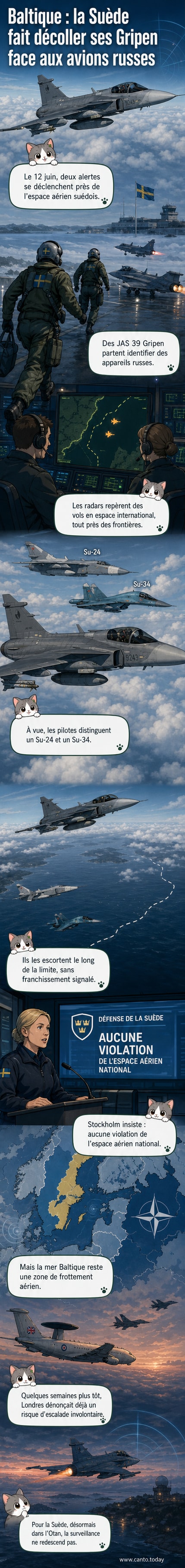 Illustration d'un chasseur suédois JAS 39 Gripen en vol face à deux avions russes, avec la mer Baltique en arrière-plan et des symboles de radar en arrière-plan.