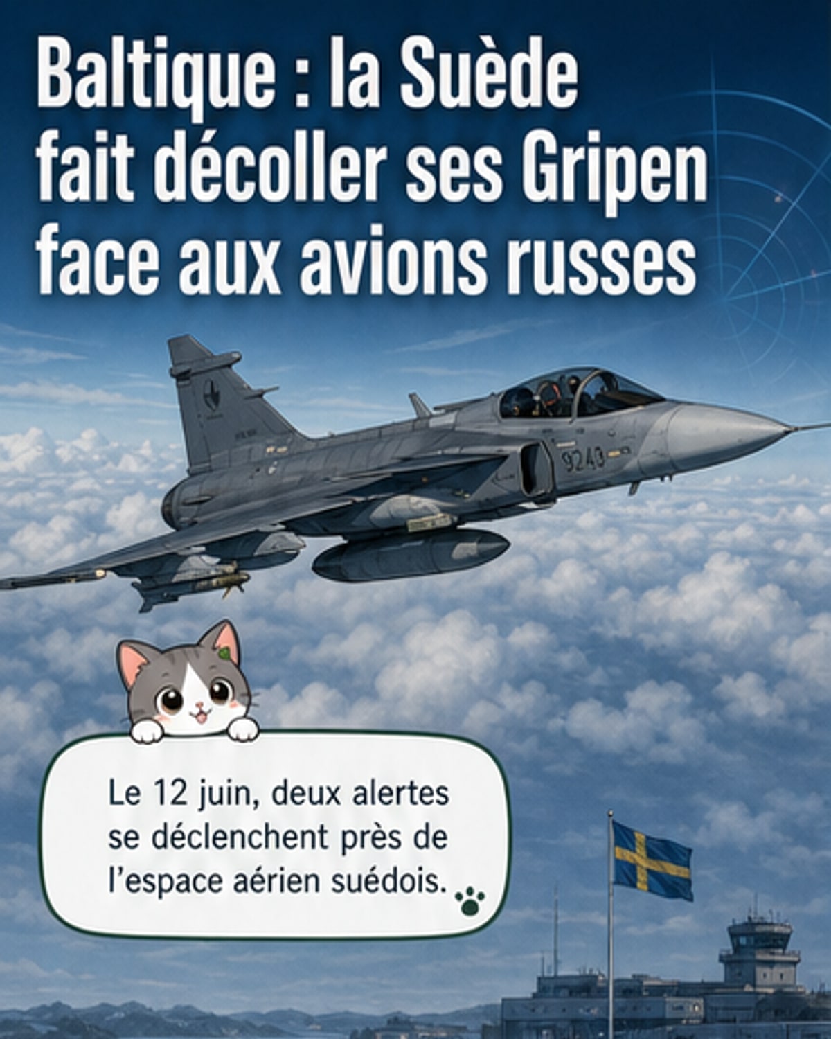 Illustration d'un chasseur suédois JAS 39 Gripen en vol face à deux avions russes, avec la mer Baltique en arrière-plan et des symboles de radar en arrière-plan.