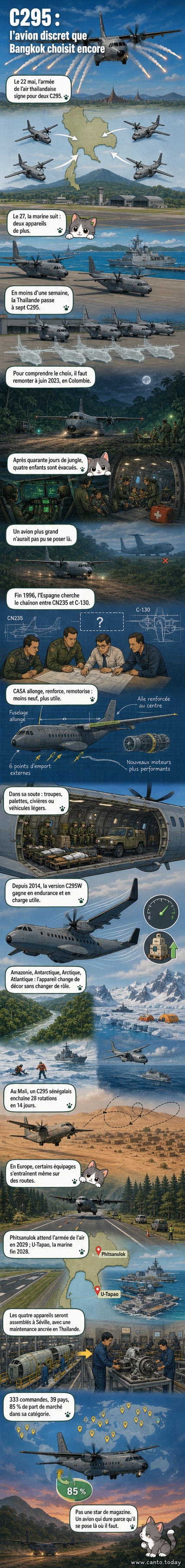 Un avion militaire C295 d'Airbus sur une piste en terre, entouré de personnel en tenue tactique, avec la jungle en arrière-plan.