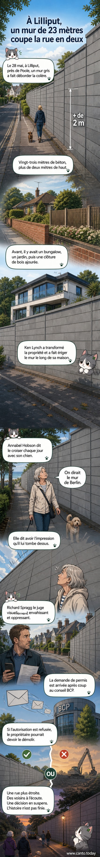 Un long mur gris en béton de plus de deux mètres de haut longe une rue résidentielle, entouré de maisons élégantes et d'arbres, avec un trottoir étroit en contrebas.