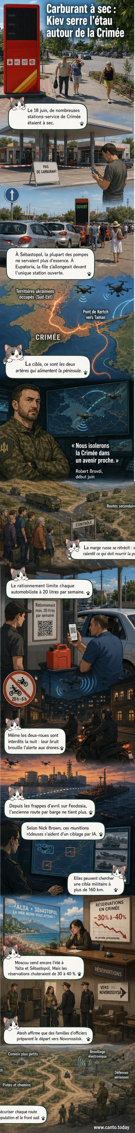 Une station-service vide à Sébastopol en Crimée, avec des files d'attente et un panneau 'essence indisponible', sous un ciel menaçant avec des drones en arrière-plan.