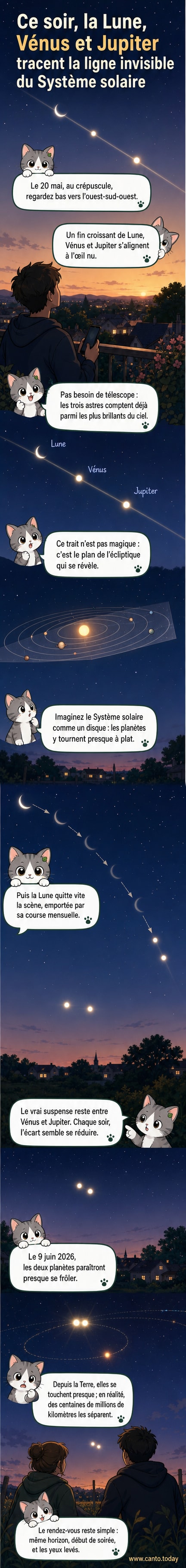Représentation du ciel au crépuscule montrant un fin croissant de Lune, Vénus et Jupiter parfaitement alignés à l’horizon ouest, sous un ciel crépusculaire.