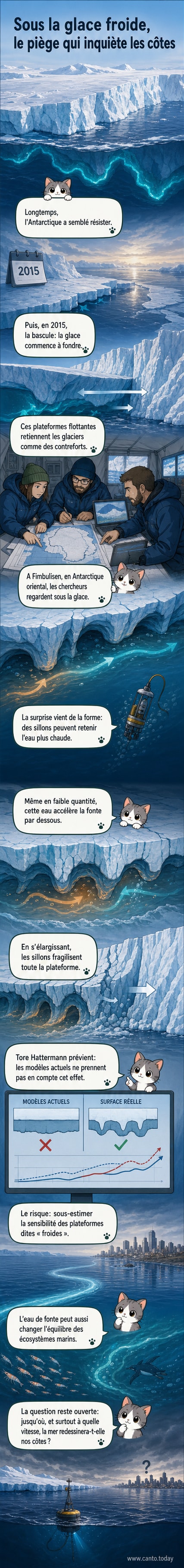 Vue sous-marine illustrée d’un robot explorant les profondeurs sous une immense barrière de glace en Antarctique, avec des flux d’eau chaude s’engouffrant dans des canaux sous la banquise.