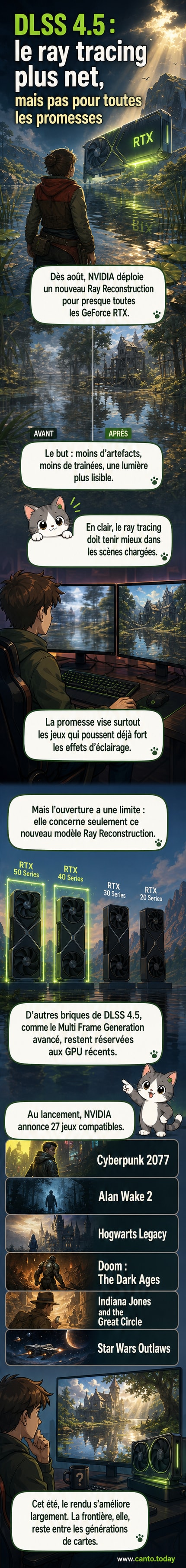 Illustration d'une carte graphique NVIDIA GeForce RTX avec des effets de lumière en ray tracing, entourée de jeux vidéo comme Cyberpunk 2077 et Star Wars Outlaws.